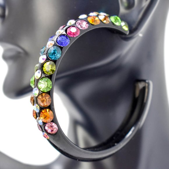 2.5" Black Multicolor Rhinestone Hoop Earrings - Picture 6 of 7